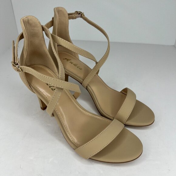 Ankis Womens Nude Gold Cross Strappy Heels Peep Toe Buckle Size 7.5 Stiletto - Picture 2 of 11